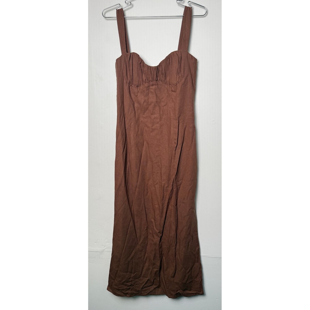 Park & Fifth Brown Linen Blend Ruched Sweetheart Midi Dress Womens Small